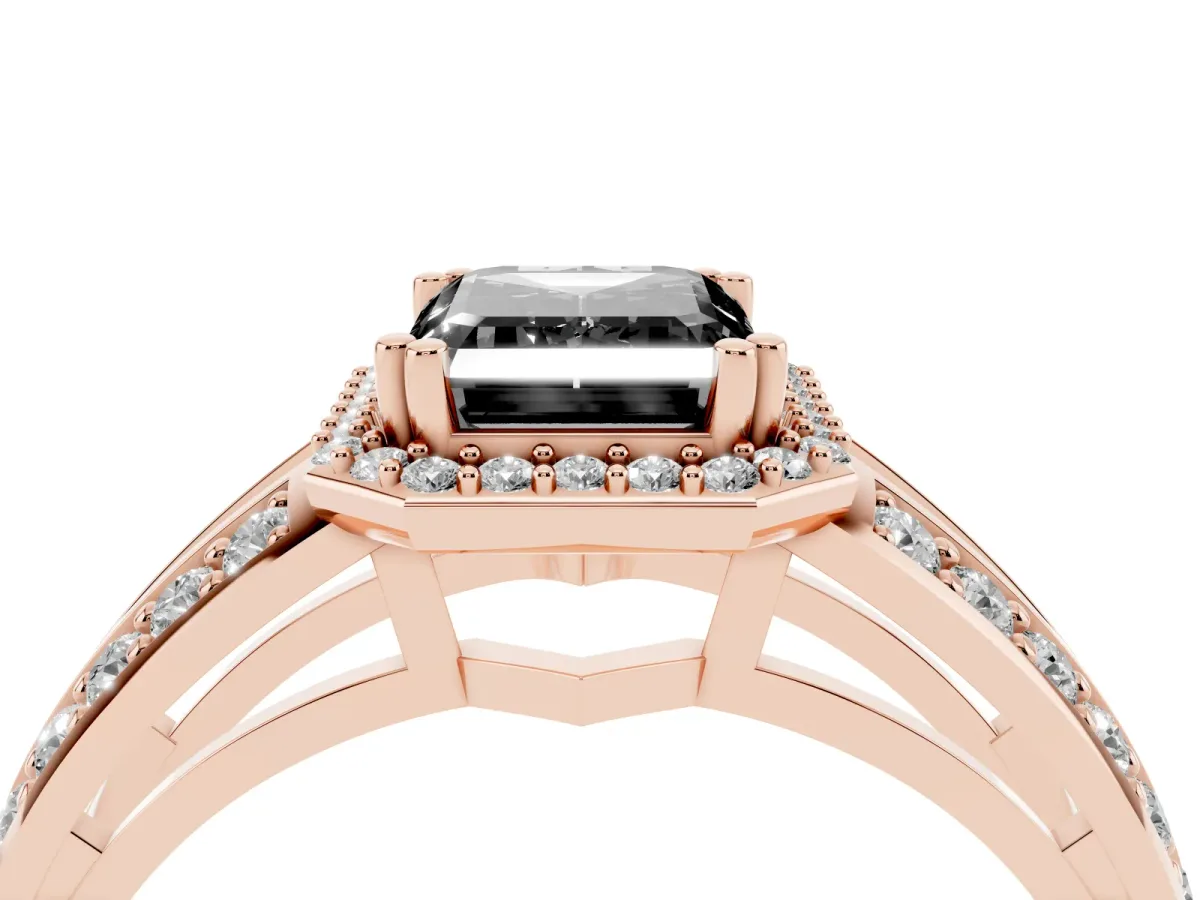 Fancy Black Emerald Cut Diamond Halo Ring with Split Shank Pavé Band and Four-Prong Setting Rose gold