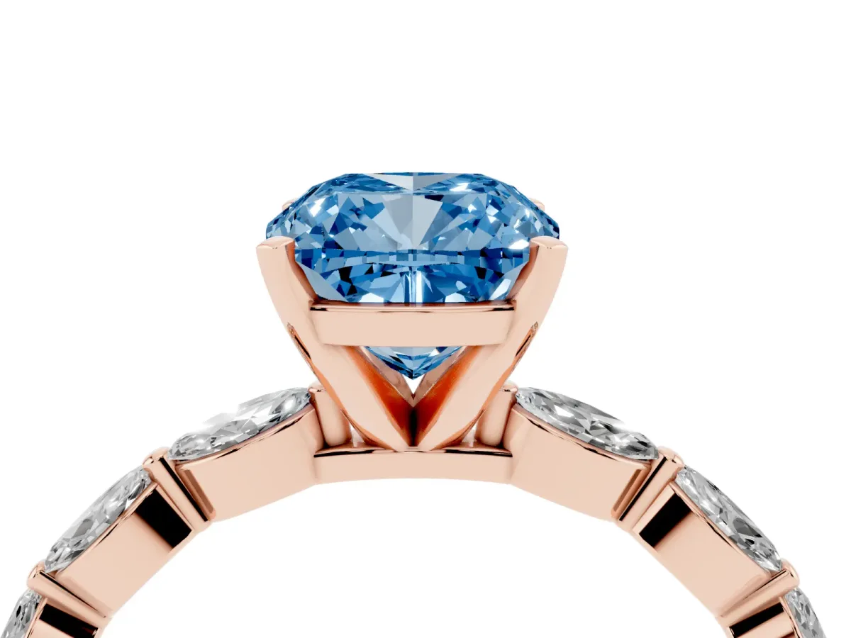 Fancy Blue Cushion Cut Diamond Ring with Marquise Side Stones and Prong Setting Rose gold