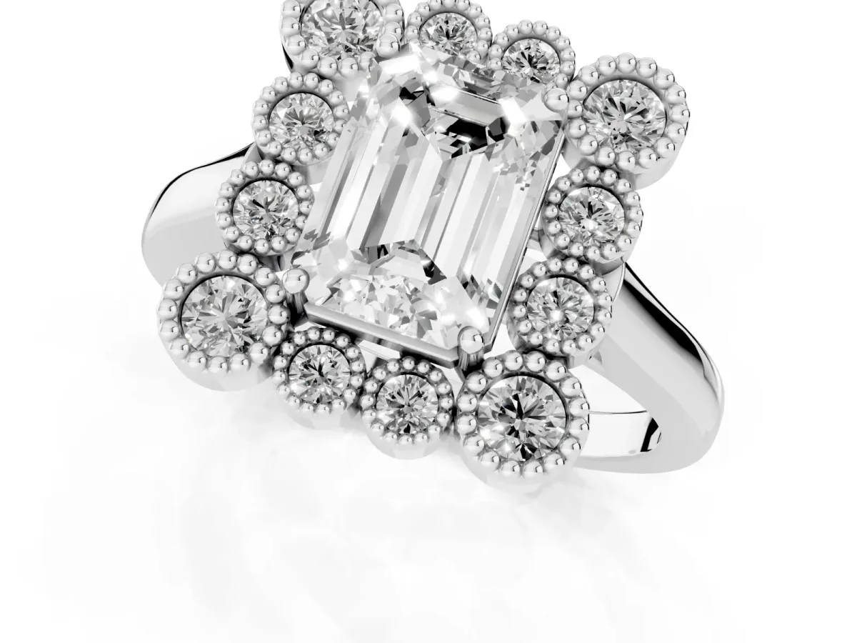Emerald Cut Halo Diamond Cluster Engagement Ring with Milgrain Bezel Setting and Solitaire Band Platinum