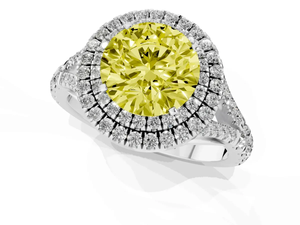 Fancy Yellow Round Cut Diamond Pavé Split Shank Double Halo Engagement Ring Silver
