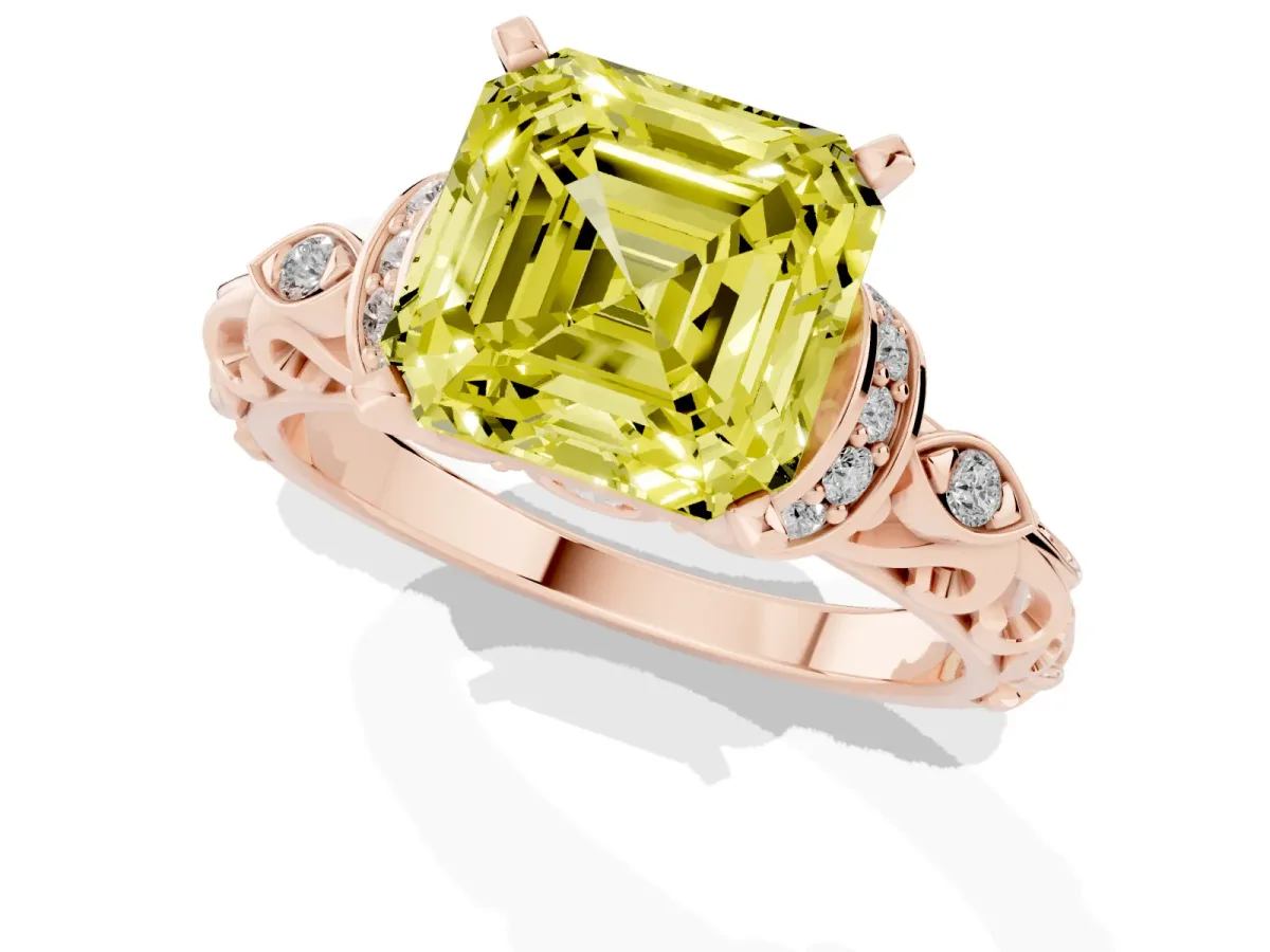 Fancy Yellow Asscher Cut Diamond Solitaire Ring with Filigree Band and Four-Prong Setting Rose gold
