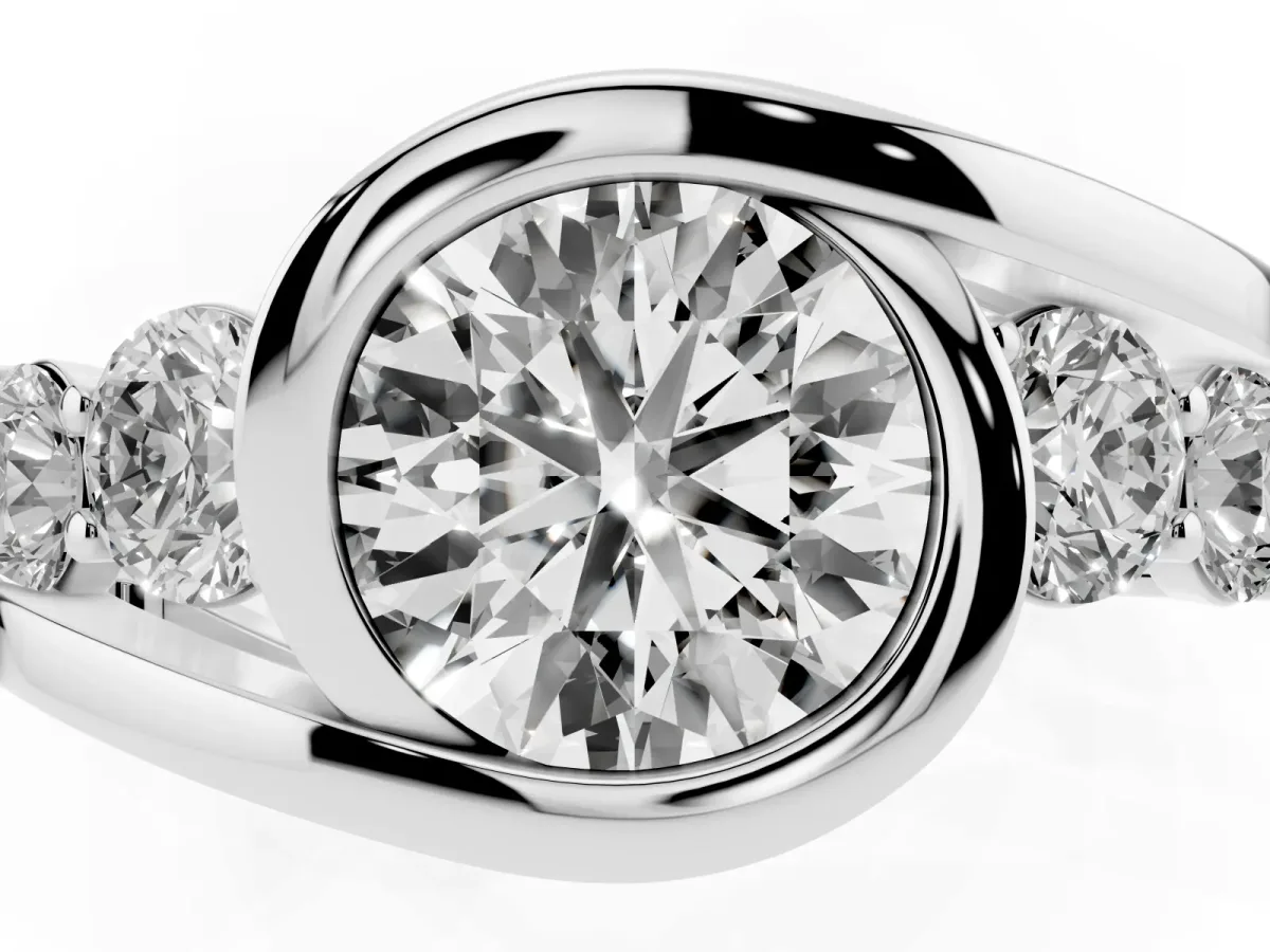 Bezel Set Round Cut Diamond Bypass Ring with Round Accents Platinum