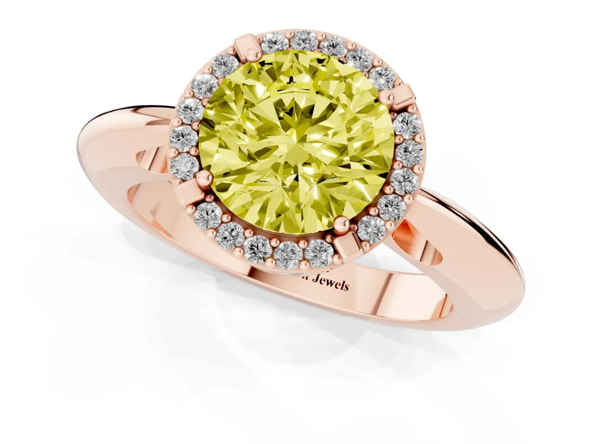 Fancy Yellow Round Cut Cut Diamond Halo Engagement Ring with Split Shank and Four-Prong Setting Rose gold