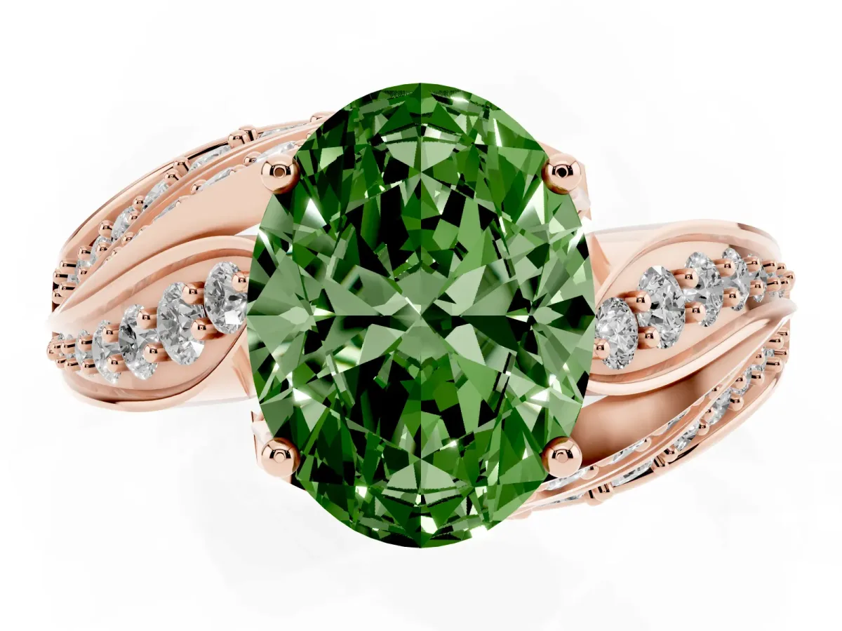 Fancy Green Oval Cut Diamond Solitaire Ring with Prong Setting and Twisted Pavé Band Rose gold