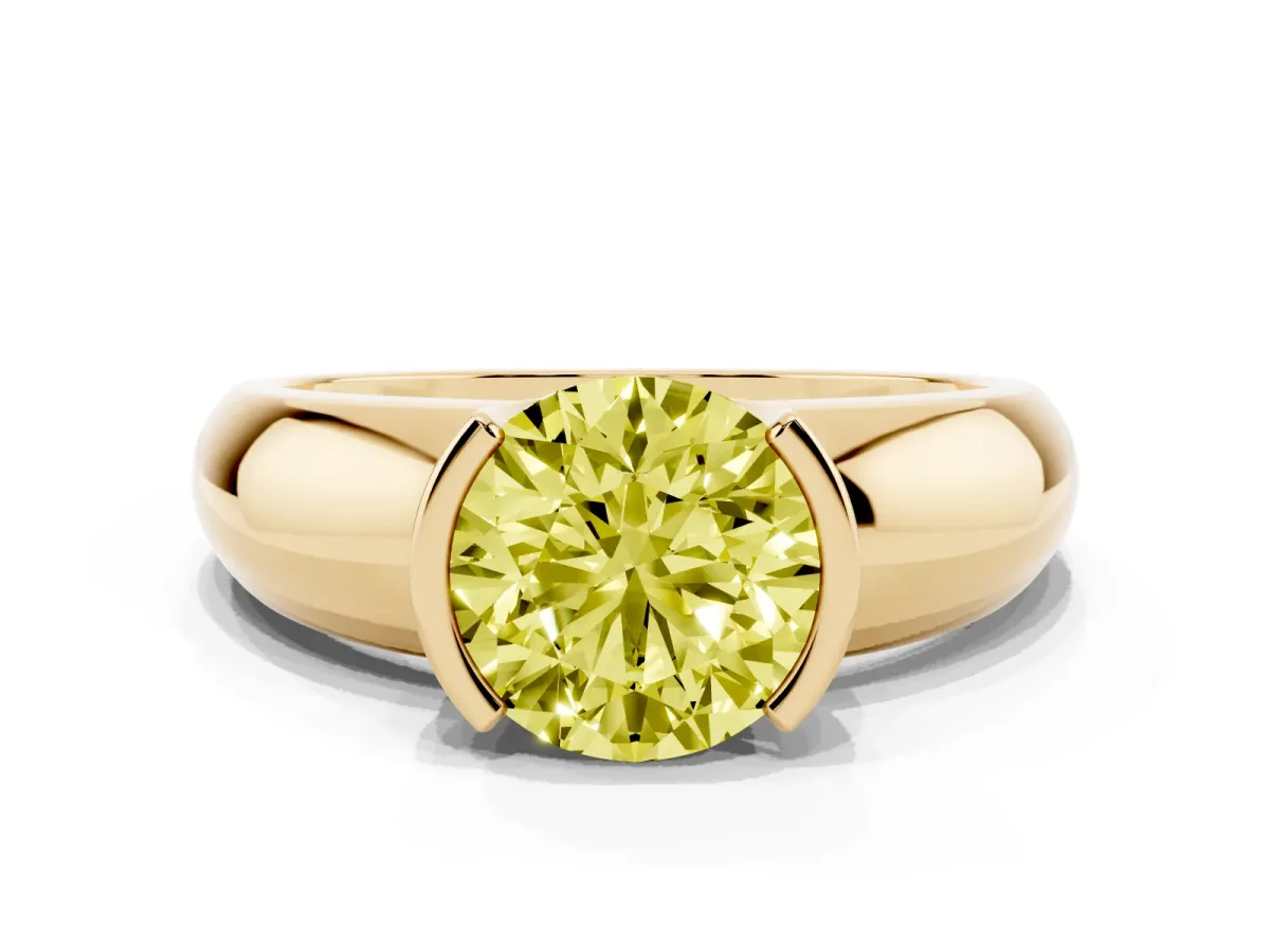 Fancy Yellow Round Cut Solitaire Tension Set Diamond Ring with Wide Band Yellow gold
