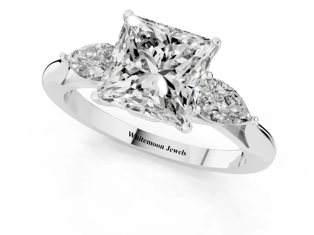 Three-Stone Princess Cut Brilliant Diamond Solitaire Ring with Tapered Band and Four-Prong Setting White gold
