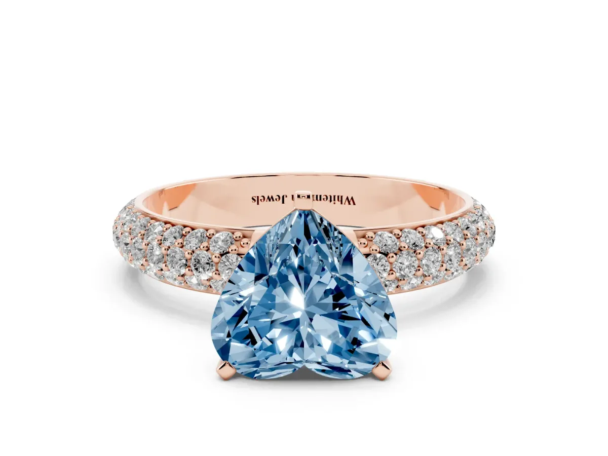 Fancy Blue Heart Cut Diamond Solitaire Ring with Prong Setting and Pavé Band Rose gold