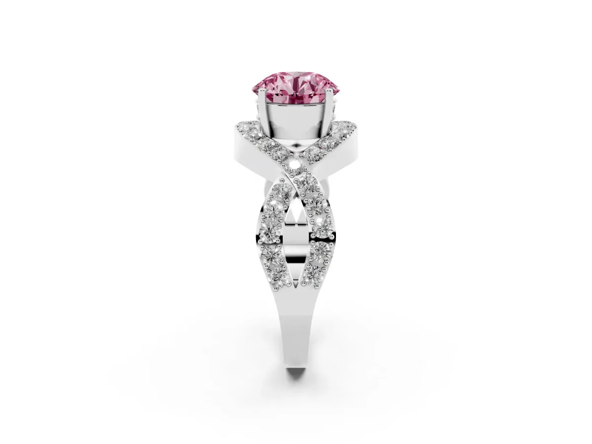 Fancy Pink Round Cut Solitaire Twist Band Pavé Diamond Engagement Ring Silver