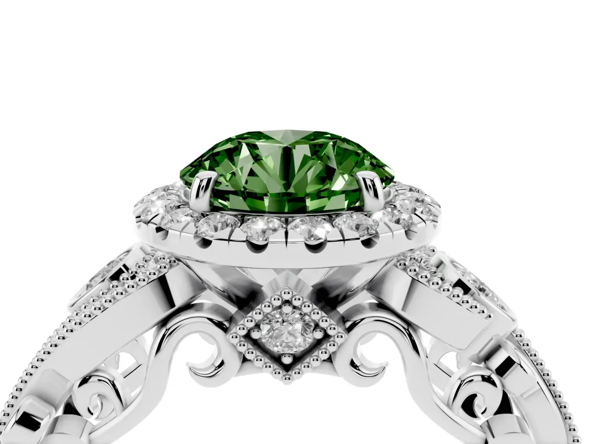 Fancy Green Round Cut Diamond Halo Ring with Milgrain Pavé Band and Four-Prong Setting White gold