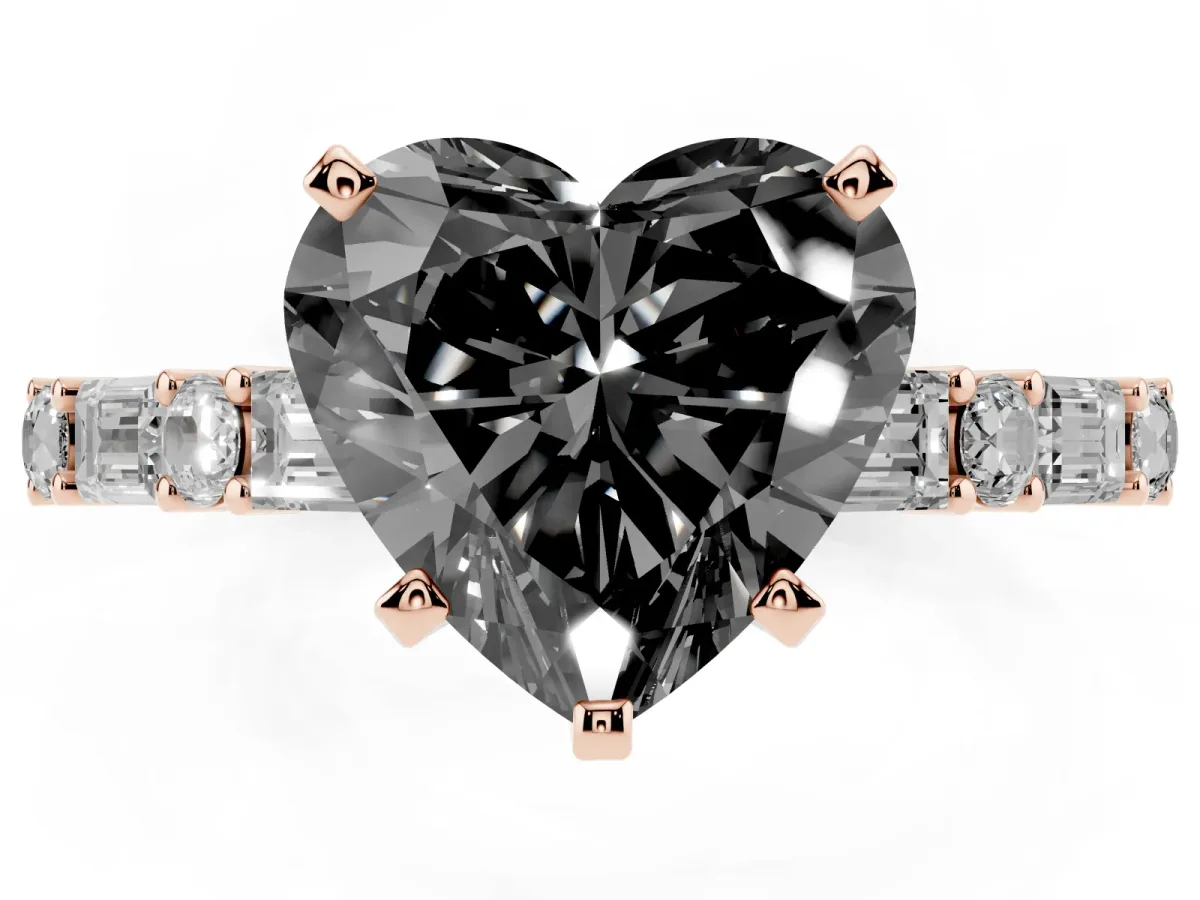 Fancy Black Heart Cut Diamond Solitaire with Side Baguettes and Channel Set Band Rose gold