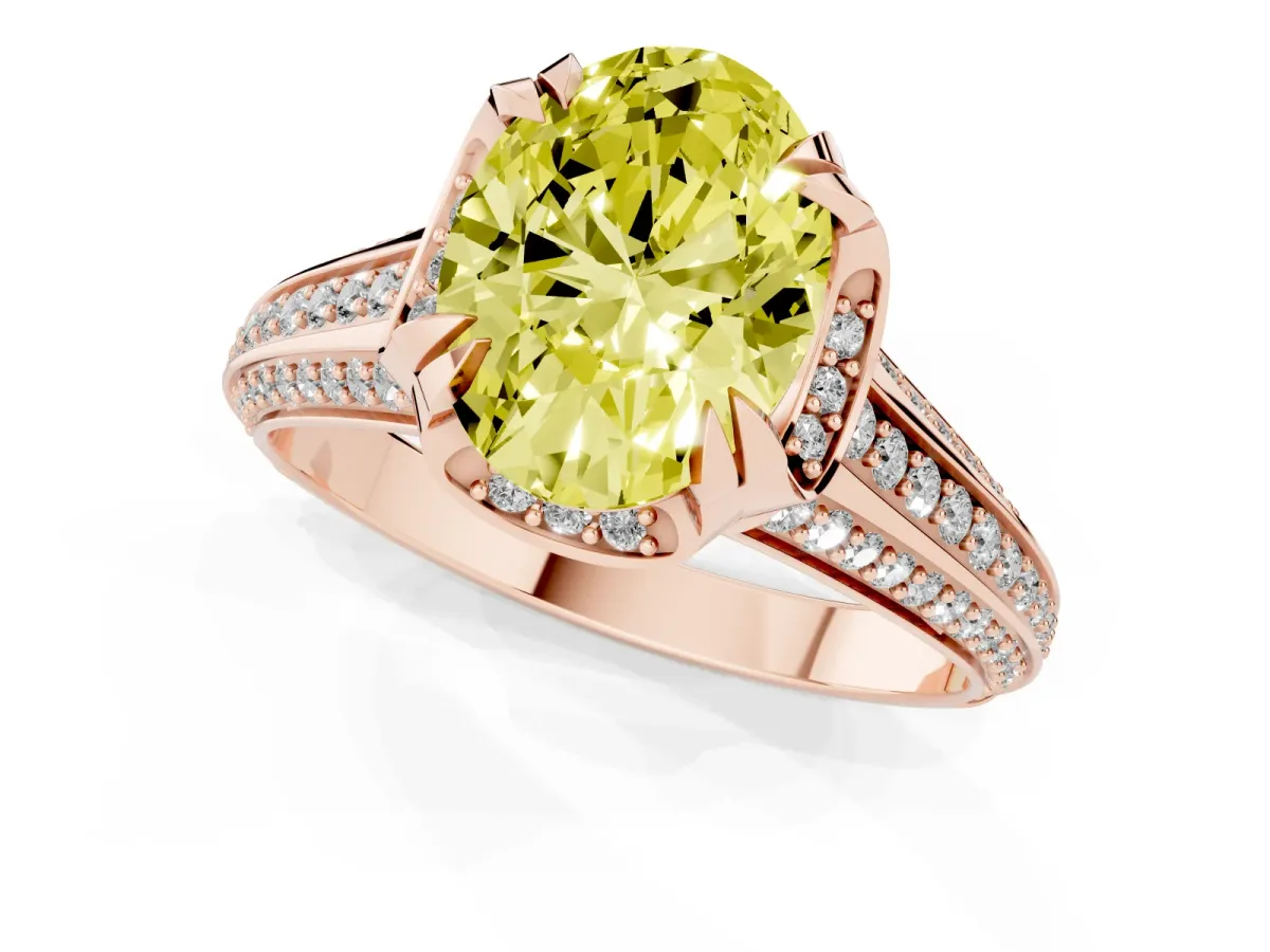Fancy Yellow Oval Cut Solitaire Pave Split Shank Ring with Four-Prong Setting Rose gold