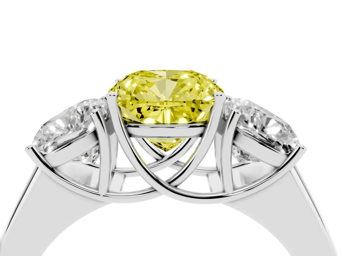 Fancy Yellow Three-Stone Cushion Cut Cut Diamond Ring with Prong Setting and Classic Band Silver