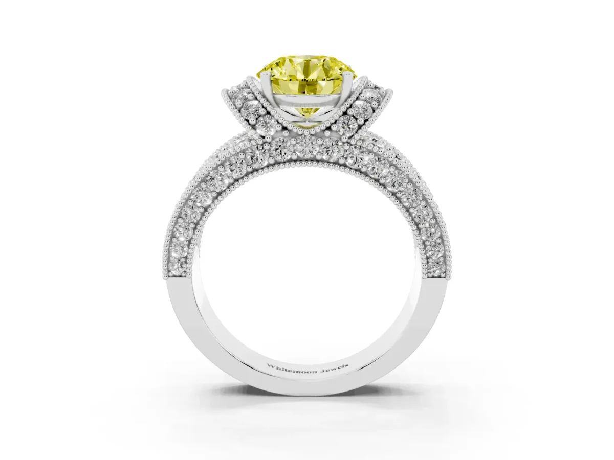 Fancy Yellow Round Cut Halo Pave Diamond Engagement Ring with Milgrain Detailing Silver