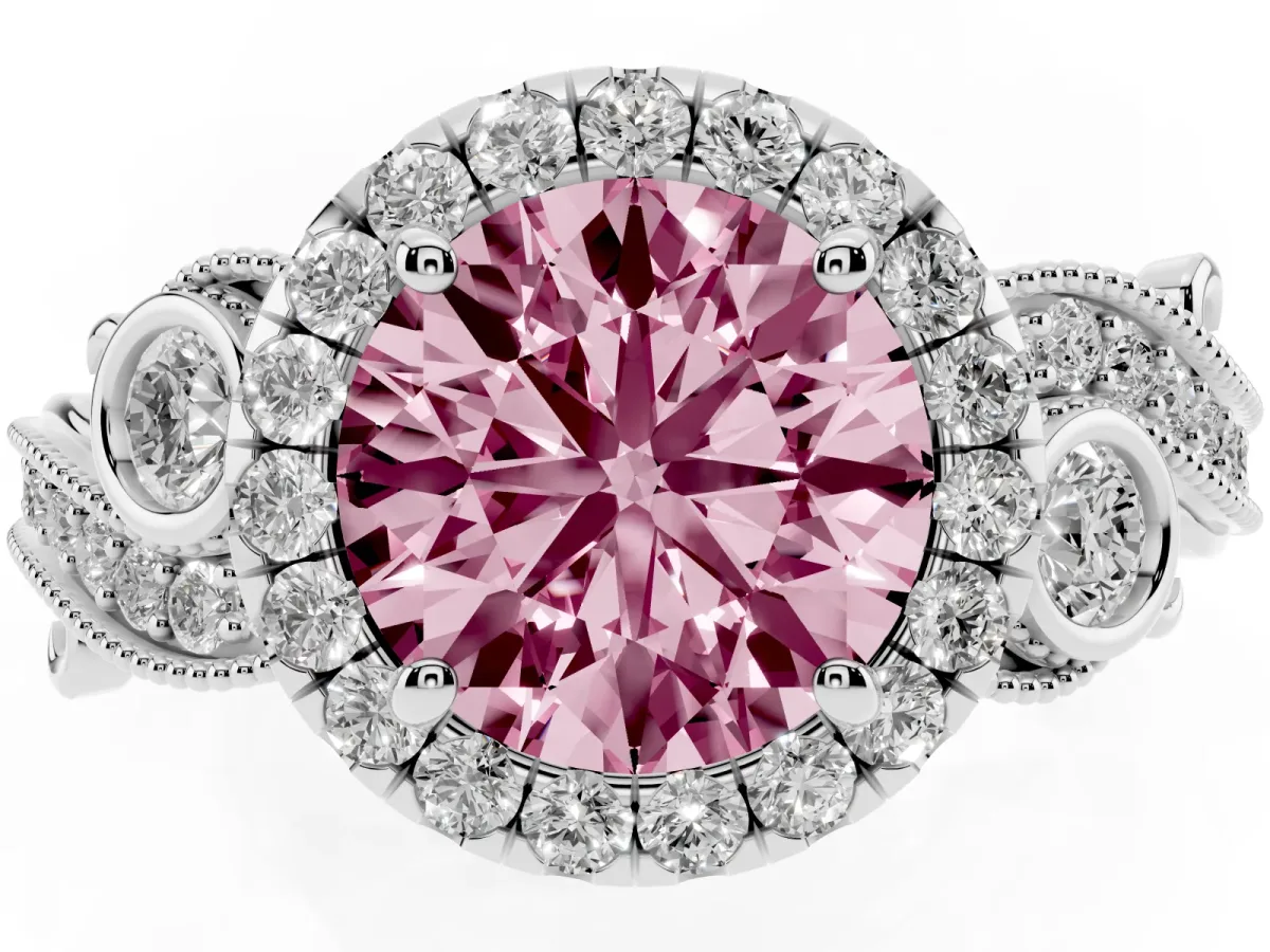 Fancy Pink Round Cut Halo Diamond Ring with Milgrain and Bezel Accents on a Split Shank Band White gold