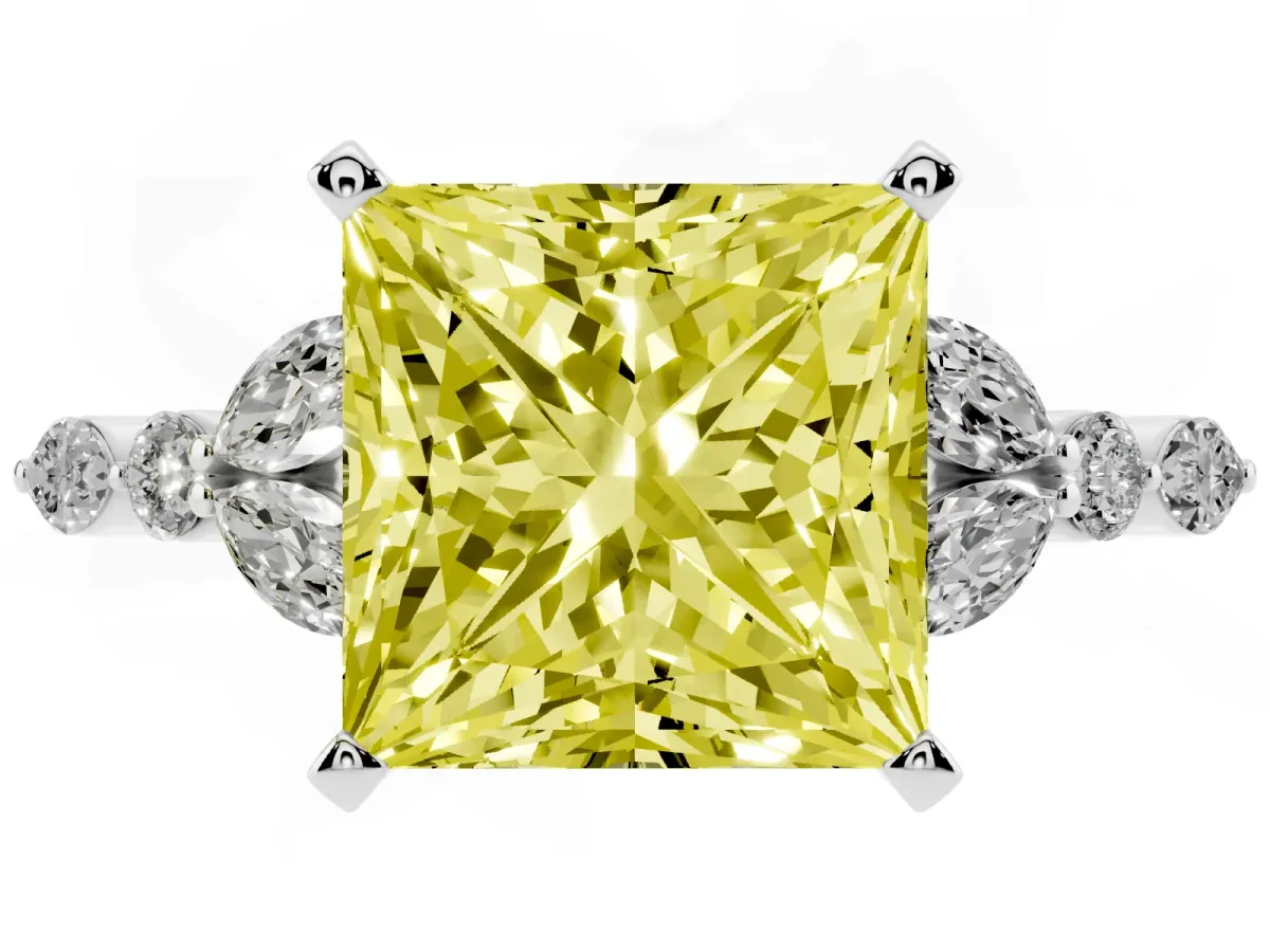 Fancy Yellow Princess Cut Diamond Solitaire Ring with Side Stones and Four-Prong Setting Silver