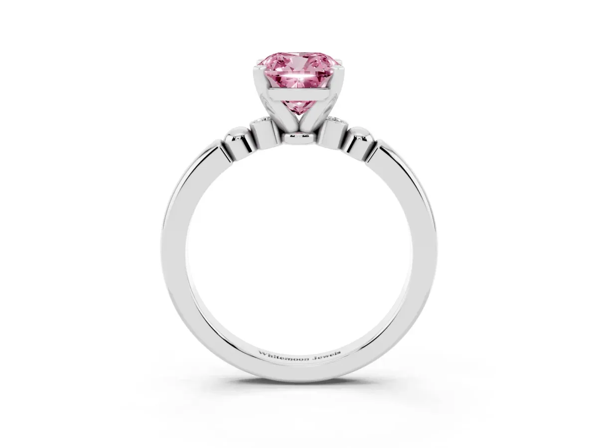 Fancy Pink Cushion Cut Solitaire Beaded Band with Four-Prong Setting Platinum