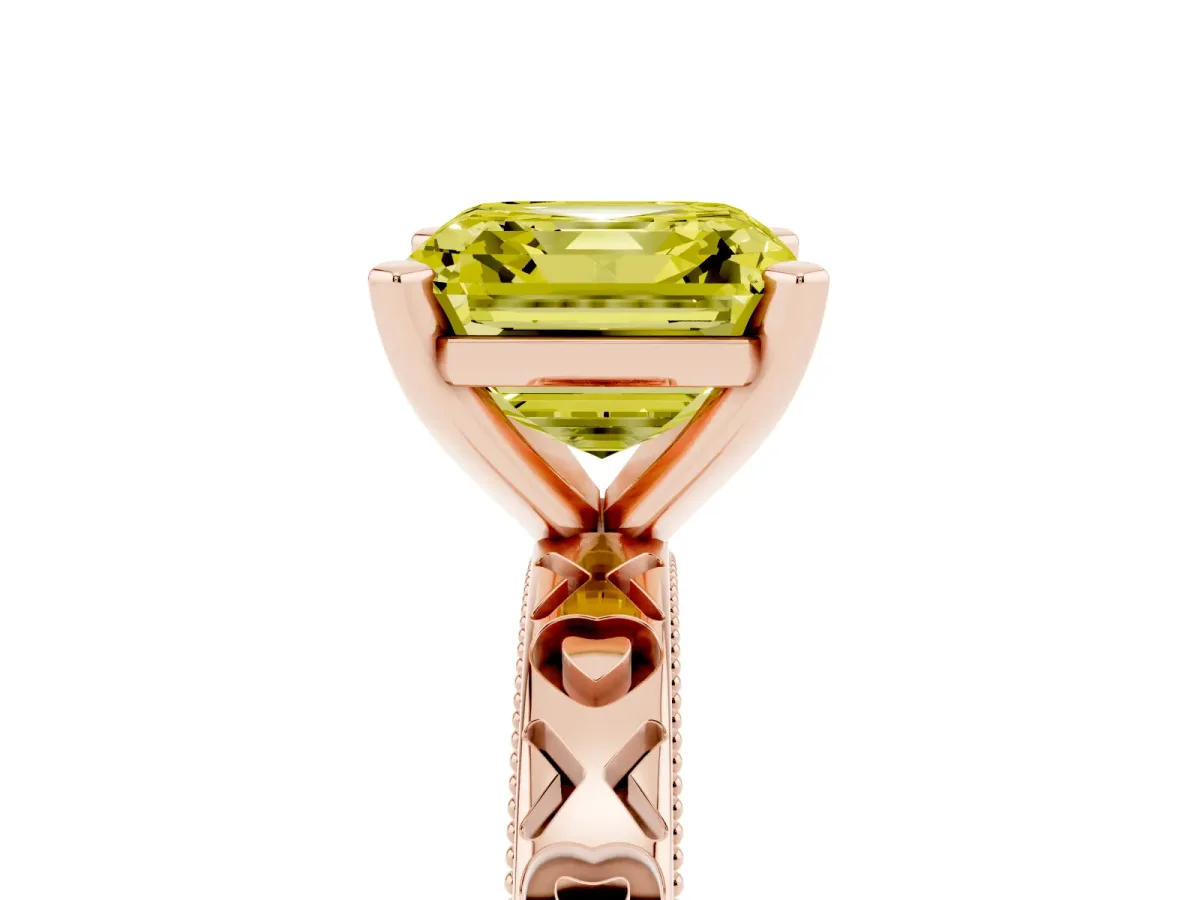 Fancy Yellow Asscher Cut Solitaire Diamond Engagement Ring with XO Engraved Band and Four-Prong Setting Rose gold