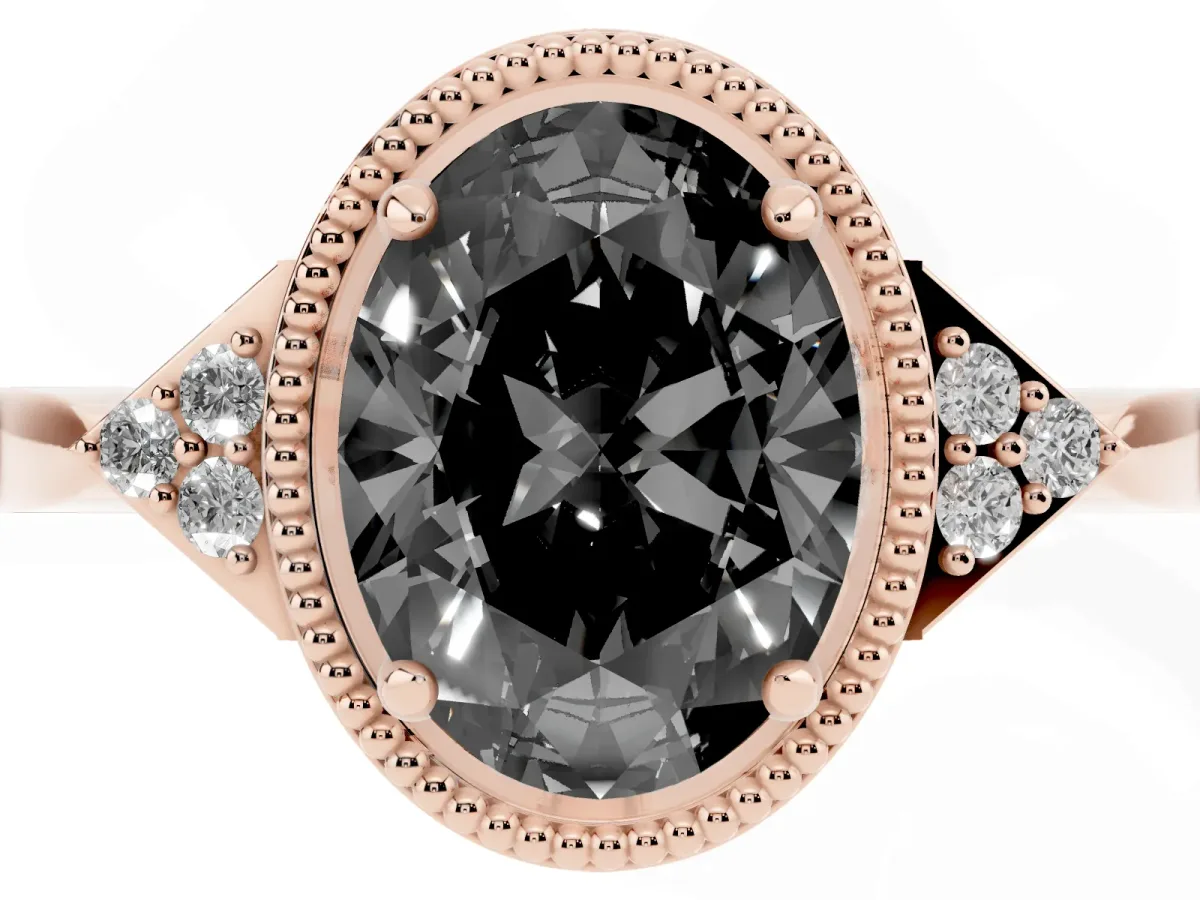 Fancy Black Hexagonal Halo Oval Cut Diamond Solitaire with Pavé Band and Four-Prong Setting Rose gold