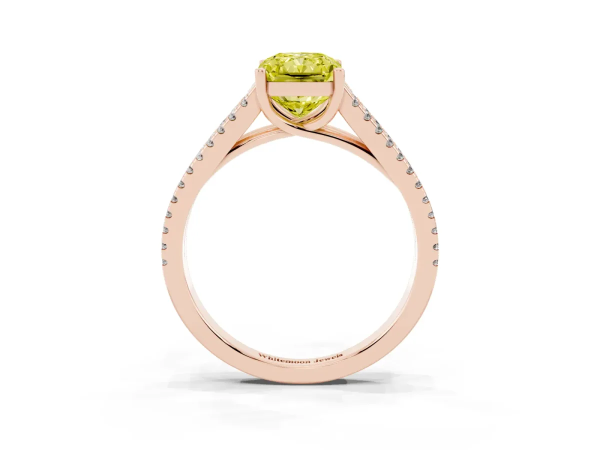Fancy Yellow Radiant Cut Diamond Solitaire Engagement Ring with Split Shank Pavé Band Rose gold