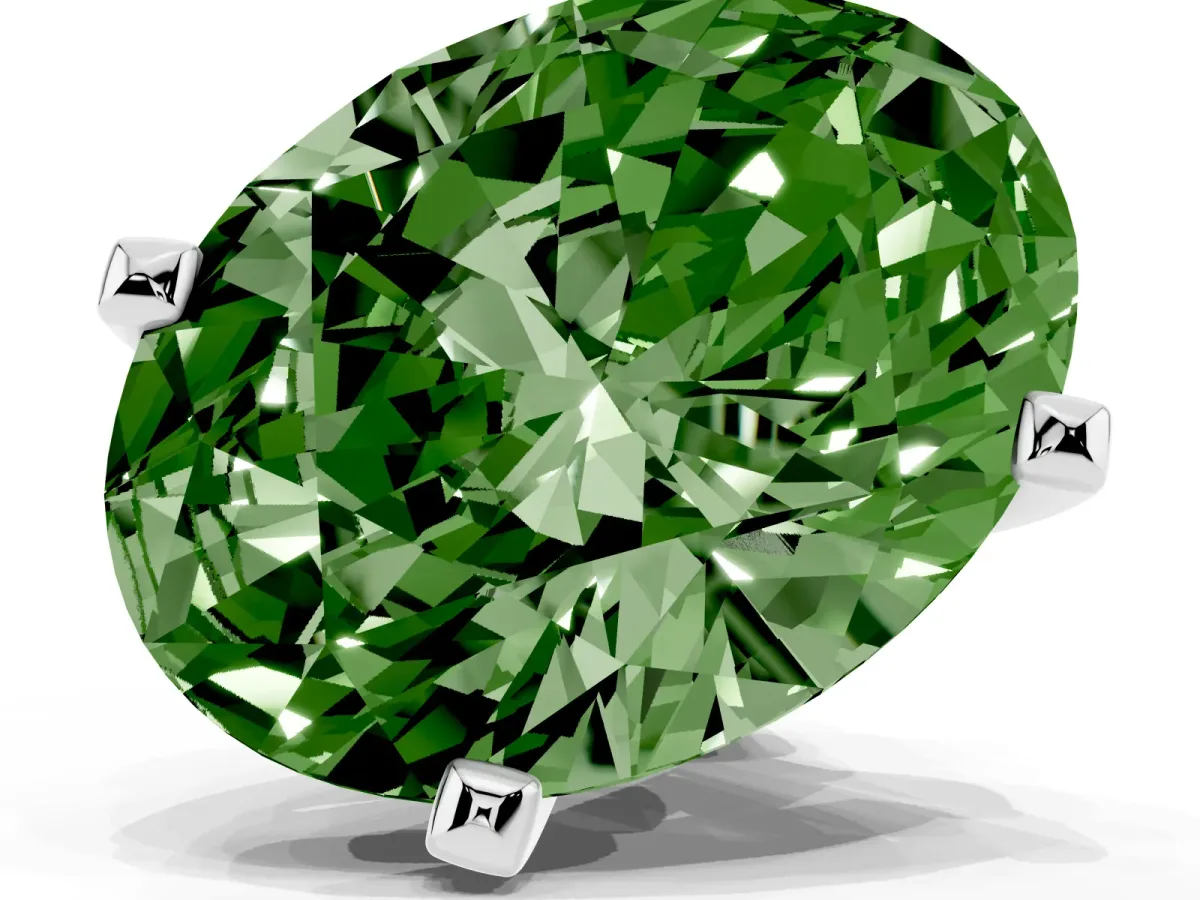 Fancy Green Oval Cut Diamond Solitaire Ring with Prong Setting and Classic Band Silver