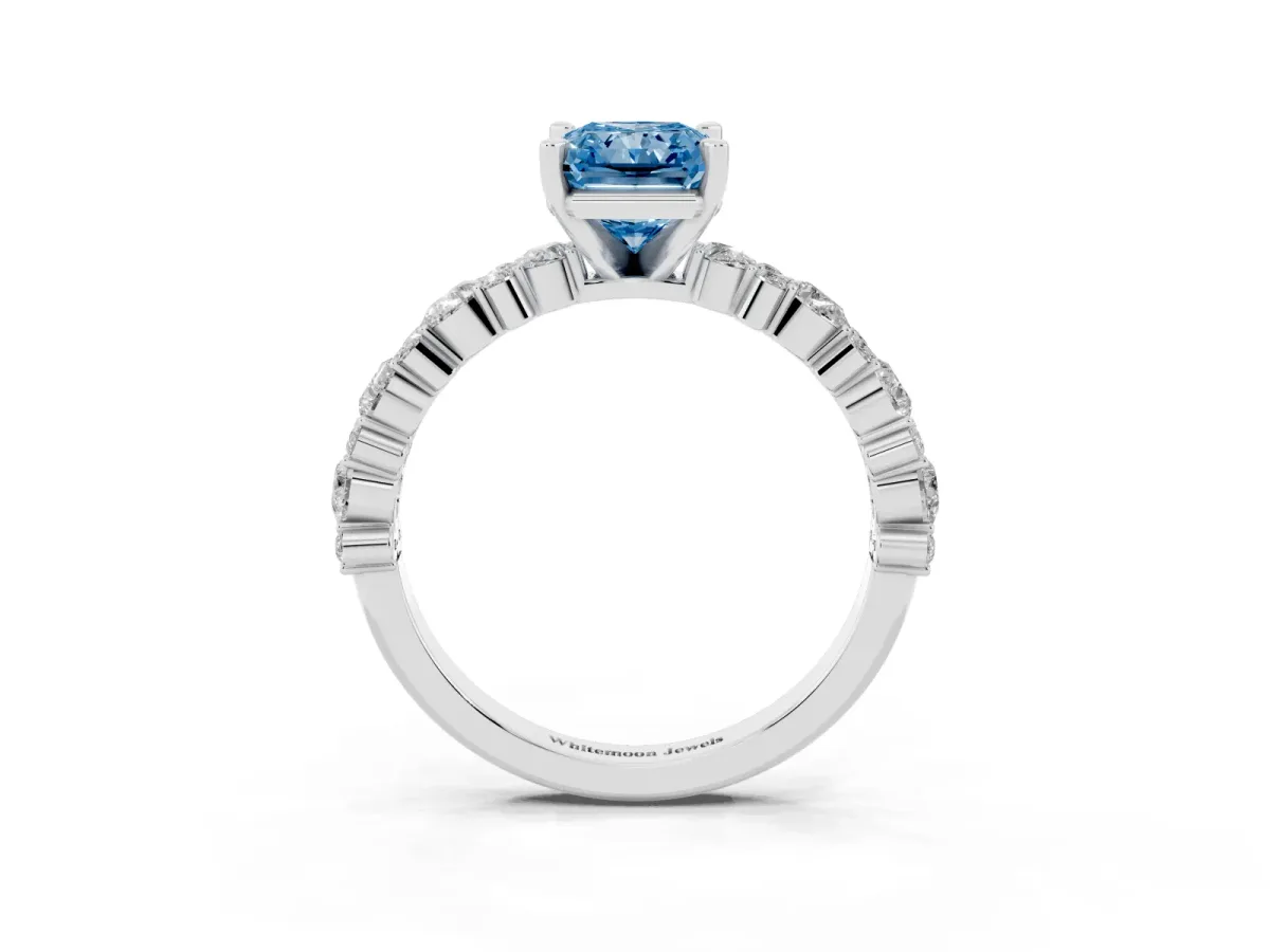 Fancy Blue Radiant Cut Diamond Side Stone Solitaire Ring with Round and Four-Prong Setting Platinum