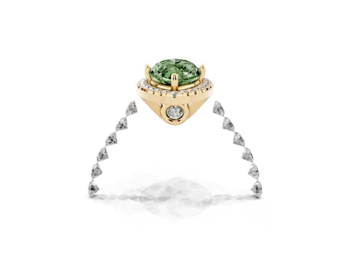 Fancy Green Marquise Cut Halo Pavé Diamond Engagement Ring with Four-Prong Setting Yellow gold