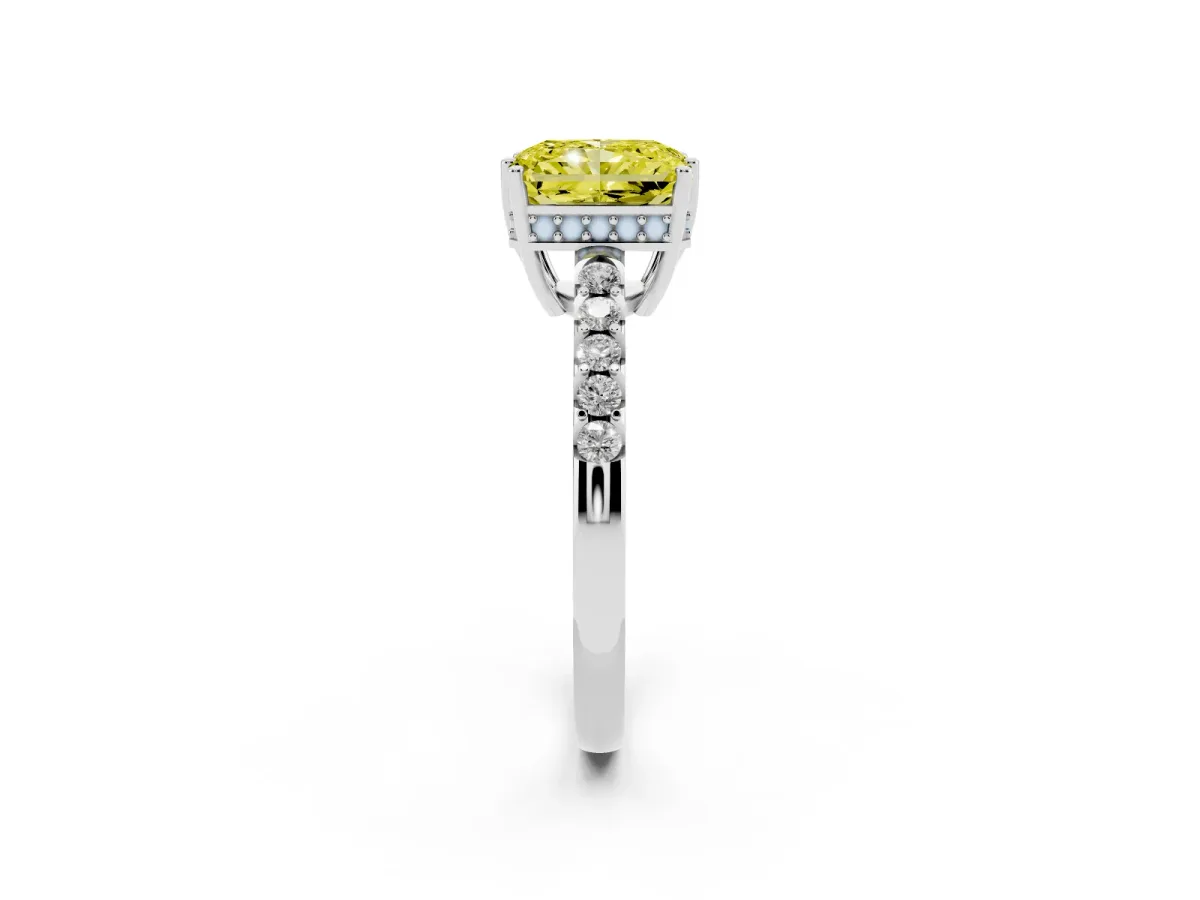 Fancy Yellow Radiant Cut Solitaire Diamond Engagement Ring with Pavé Band and Six-Prong Setting White gold