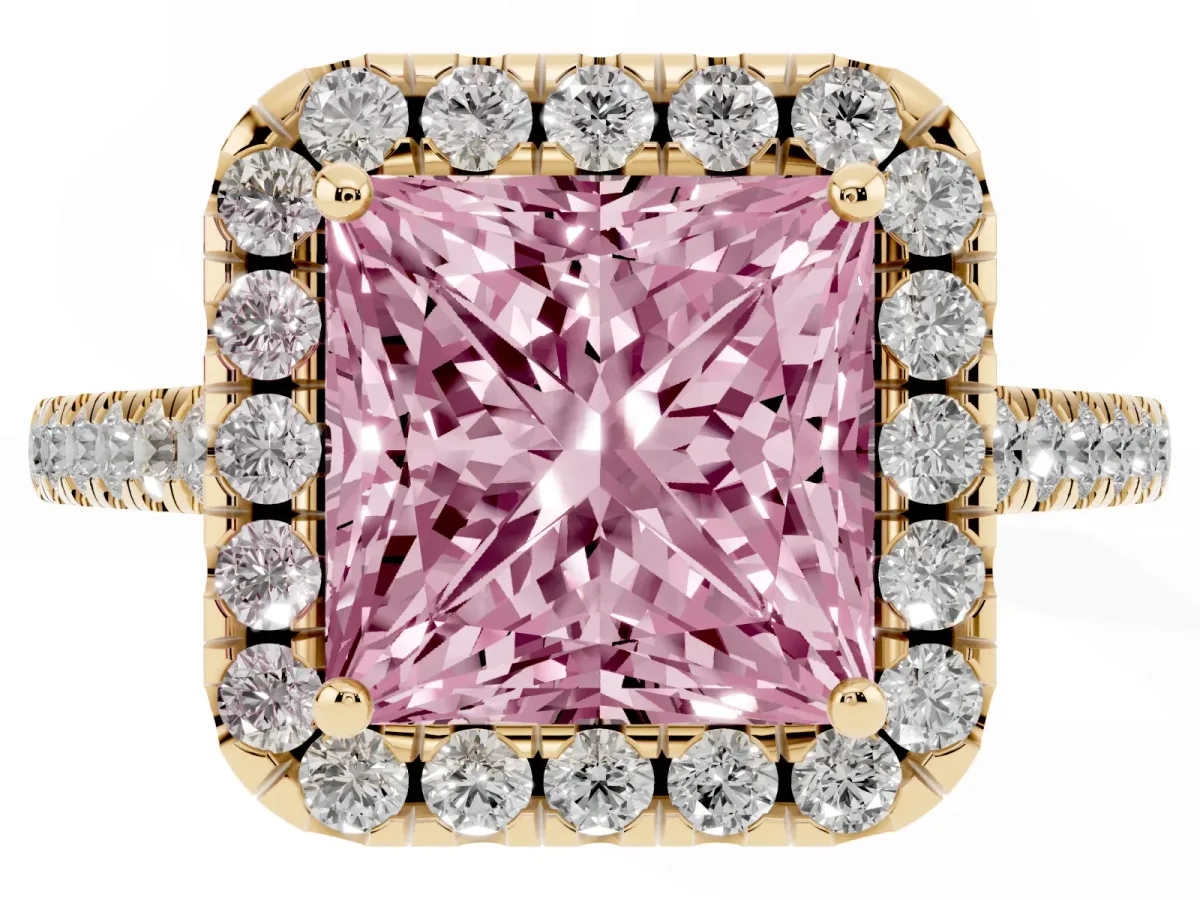 Fancy Pink Princess Cut Halo Pavé Diamond Engagement Ring with Four-Prong Setting Yellow gold