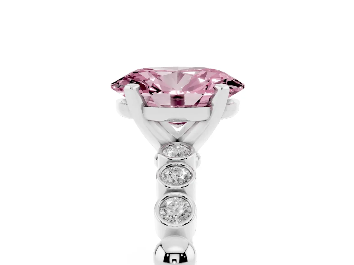 Fancy Pink Oval Cut Solitaire Bezel Accent Diamond Engagement Ring with Beaded Band and Four-Prong Setting Platinum