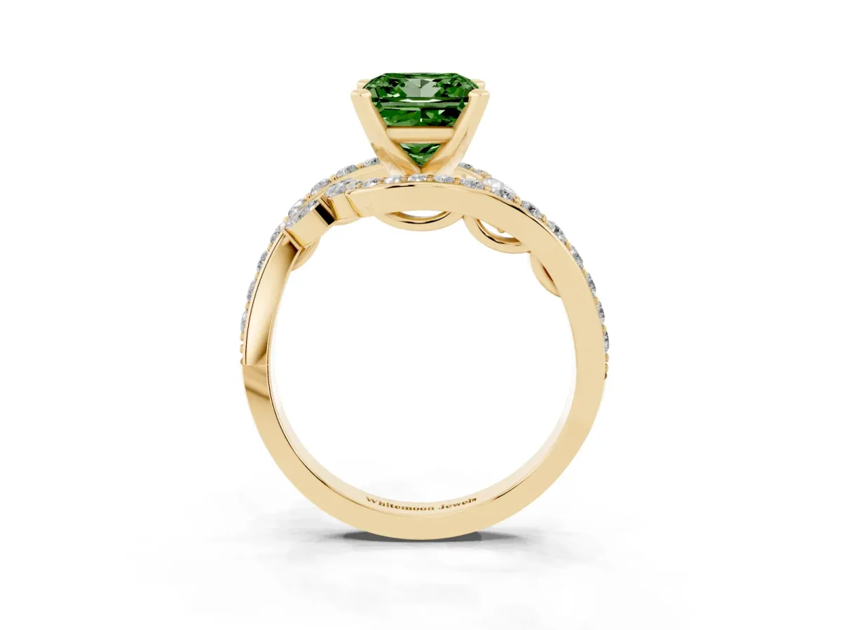 Fancy Green Princess Cut Solitaire with Pavé Twist Band and Four-Prong Setting Yellow gold