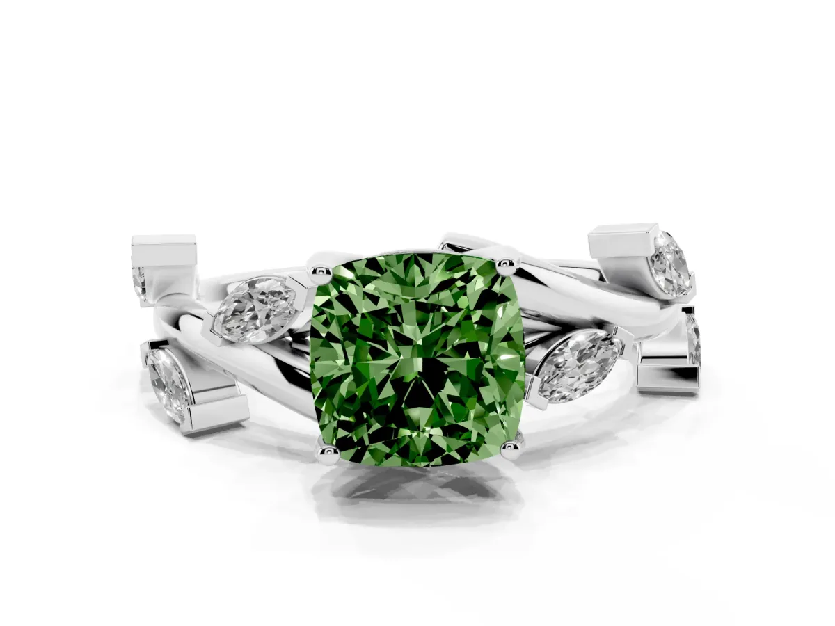 Fancy Green Cushion Cut Solitaire Twisted Band Marquise Accent Prong Setting Ring Silver