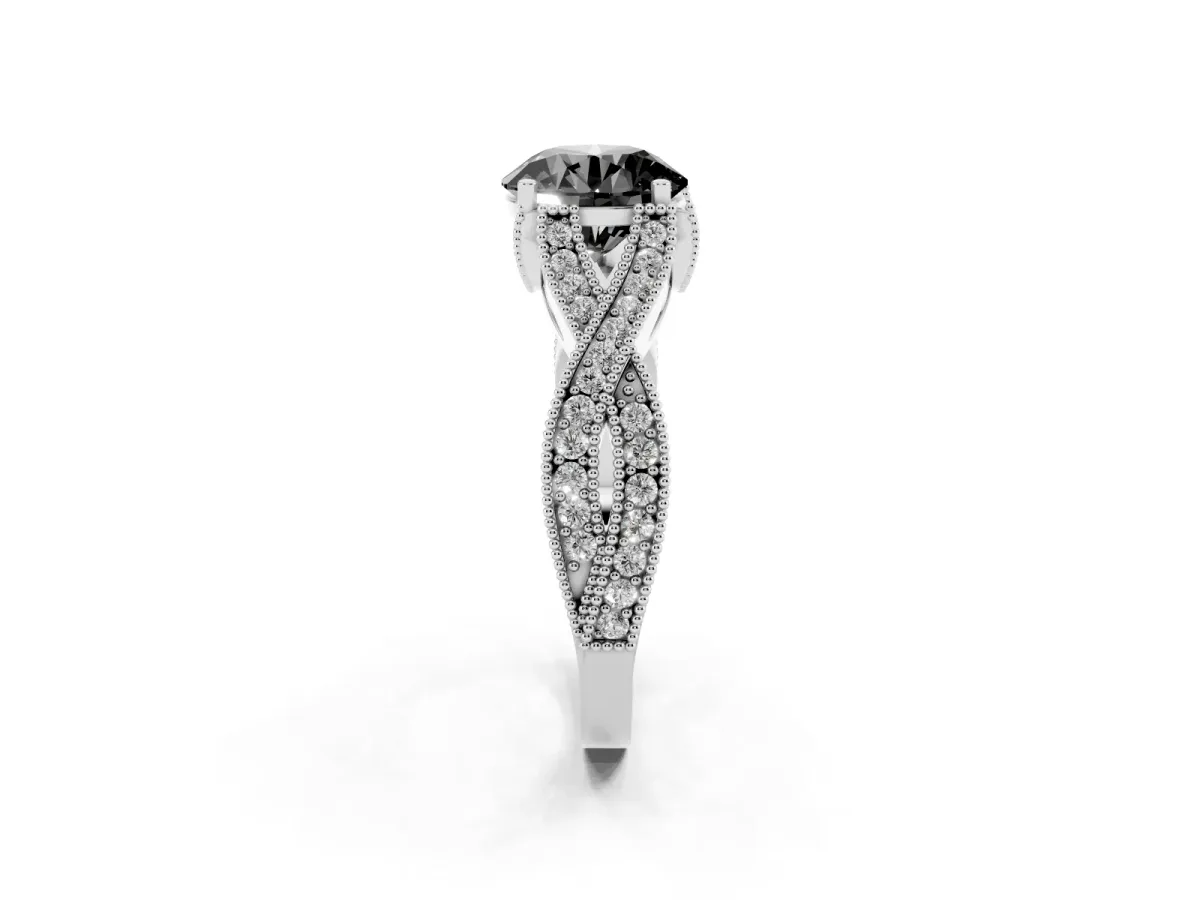 Fancy Black Round Cut Cut Diamond Twisted Band with Milgrain Pave Setting and Four-Prong Setting Silver
