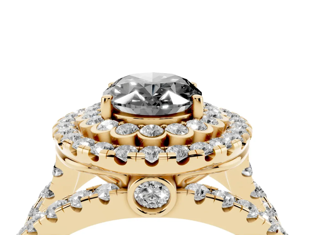 Fancy Black Oval Cut Diamond Double Halo Ring with Round Pavé Split Shank and Prong Setting Yellow gold