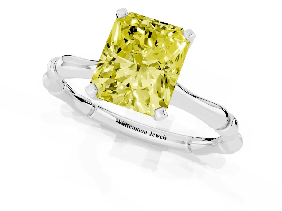 Fancy Yellow Radiant Cut Solitaire Diamond Ring with Bamboo Band and Four-Prong Setting Silver