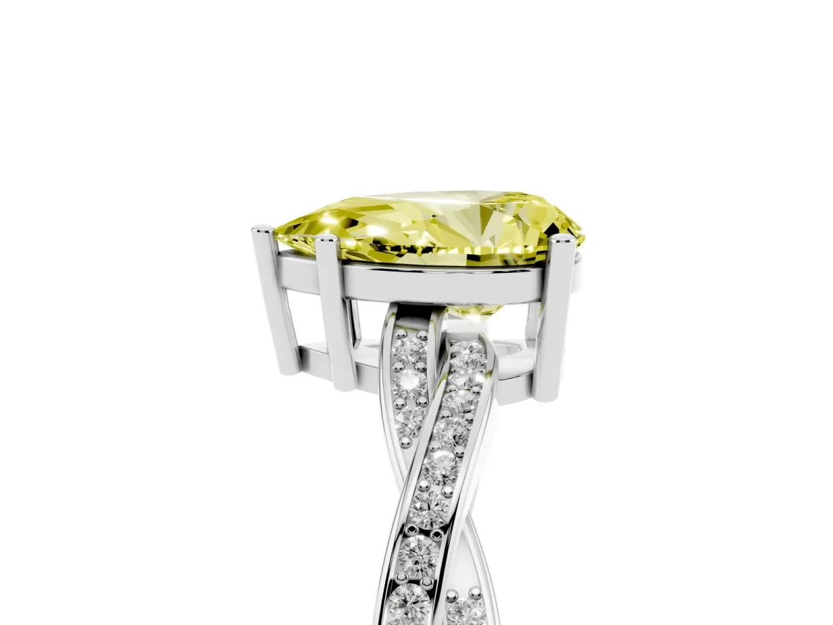 Fancy Yellow Pear Cut Solitaire Twisted Pave Diamond Ring with Four-Prong Setting Silver