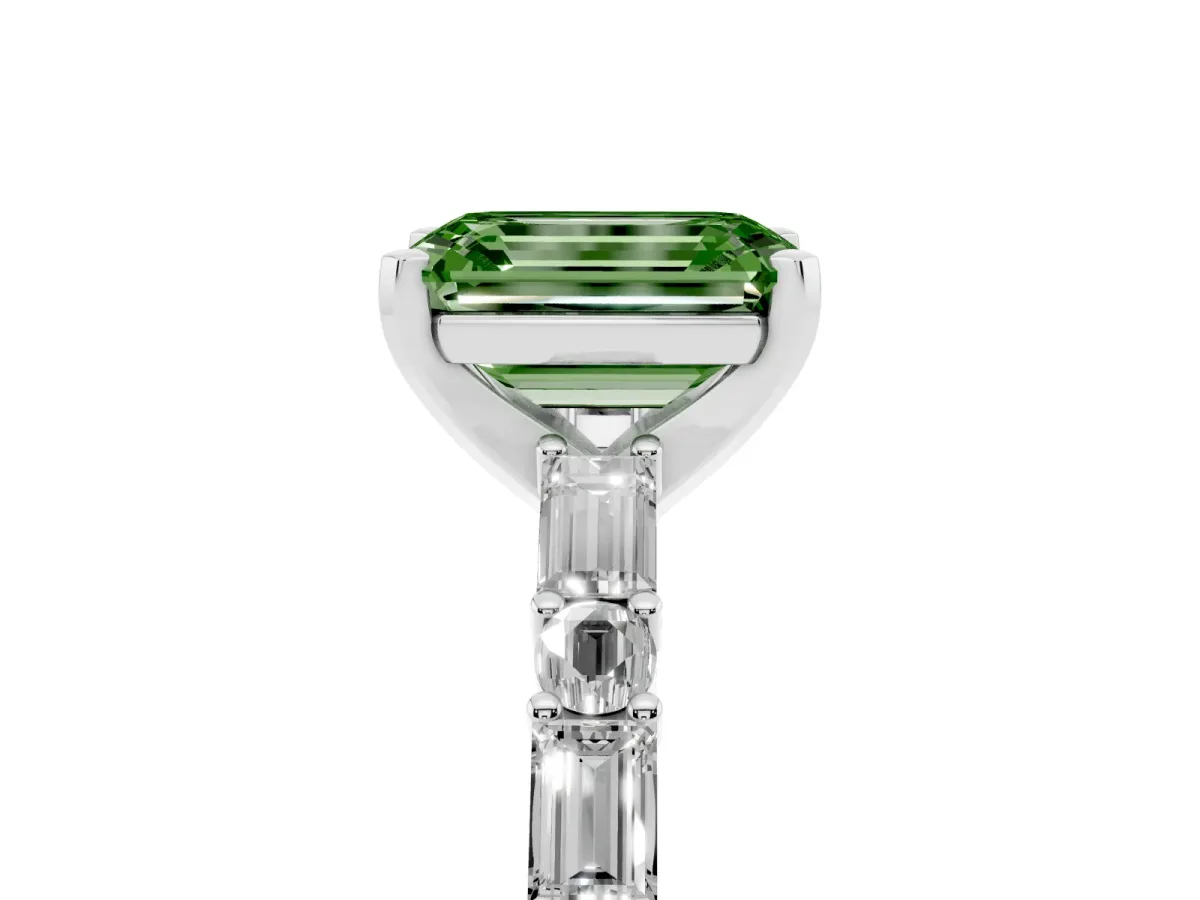 Fancy Green Emerald Cut Diamond Solitaire with Side Baguettes and Channel Set Band Platinum