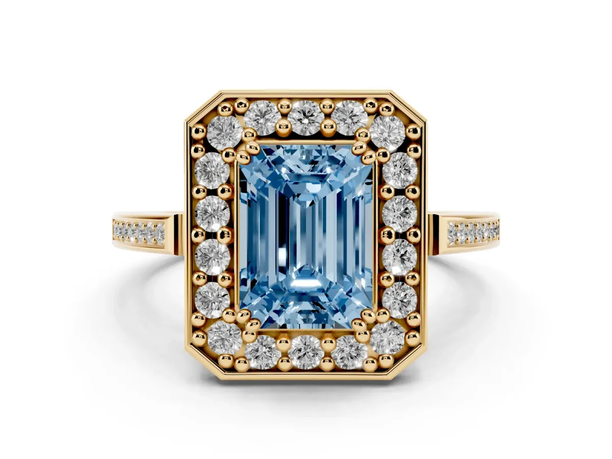 Fancy Blue Emerald Cut Diamond Halo Ring with Split Shank and Four-Prong Setting Yellow gold