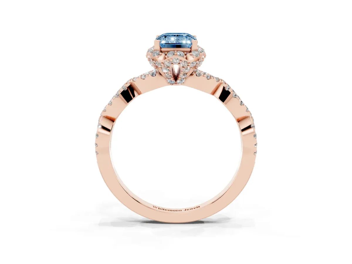 Fancy Blue Emerald Cut Halo Twist Band Solitaire Ring with Six-Prong Setting Rose gold