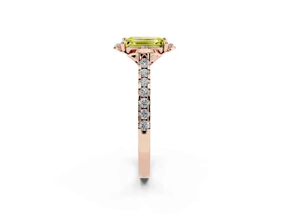 Fancy Yellow Emerald Cut Diamond Ring with Pavé Band and Floral Prong Setting Rose gold