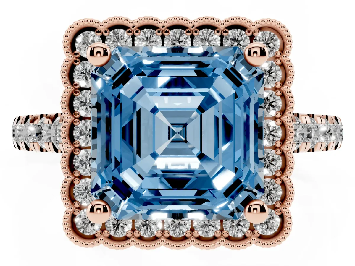 Fancy Blue Asscher Cut Cut Diamond Milgrain Floral Halo Engagement Ring with Pavé Band Rose gold