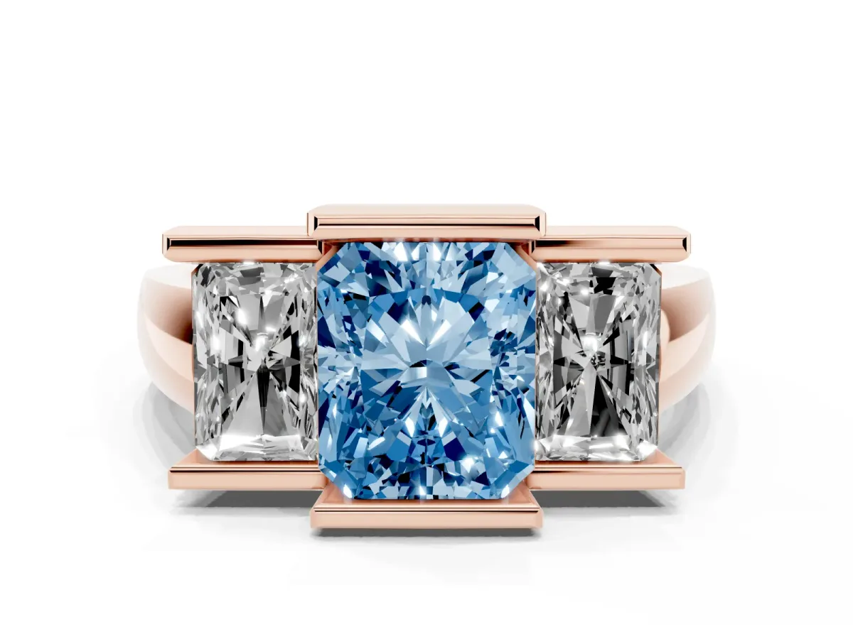 Fancy Blue Three Stone Radiant Cut Cut Channel Set Diamond Ring Rose gold