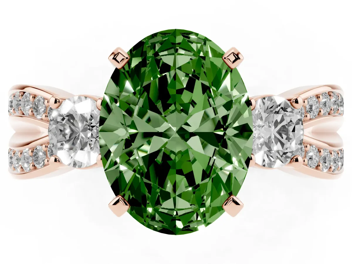 Fancy Green Three-Stone Oval Cut Cut Diamond Twist Band with Prong Setting Rose gold