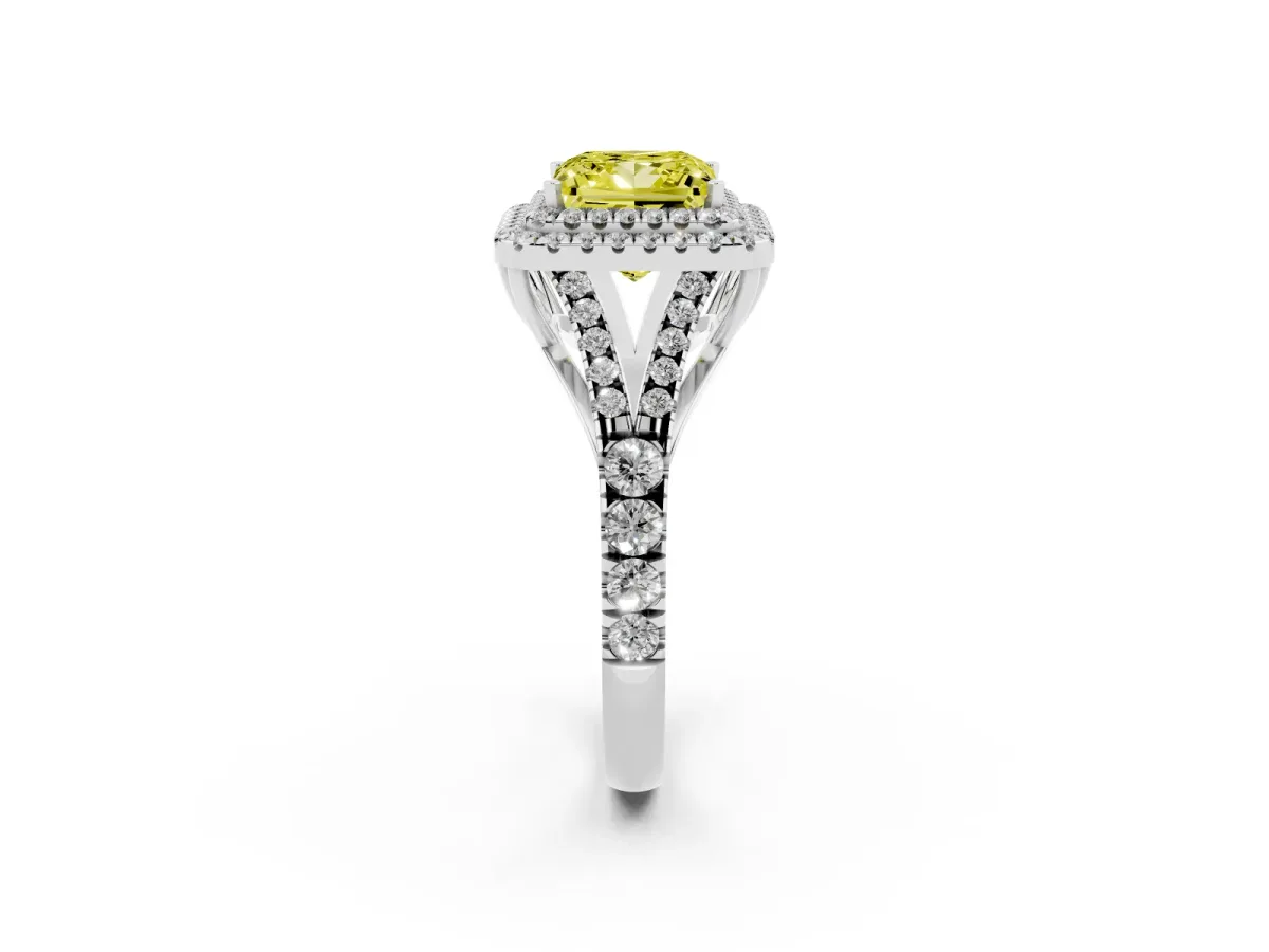 Fancy Yellow Double Halo Princess Cut Diamond Split Shank Engagement Ring with Four-Prong Setting Silver