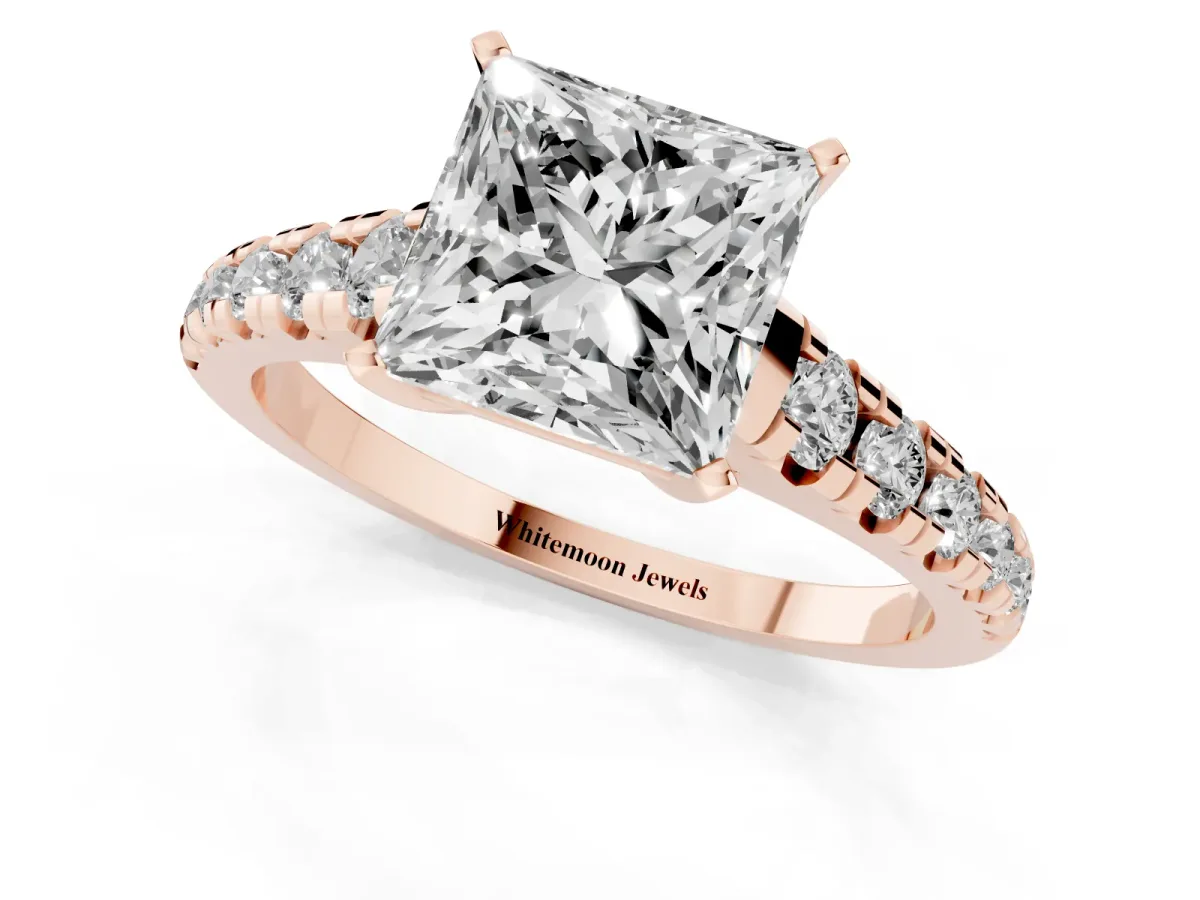 Princess Cut Diamond Cathedral Solitaire Ring with Round Pavé Band Rose gold