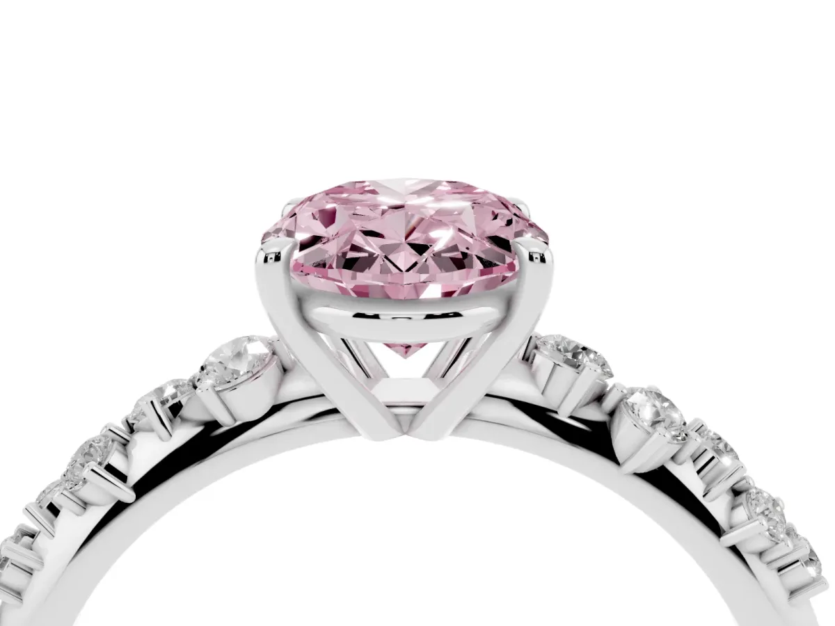 Fancy Pink Oval Cut Diamond Cluster Side Stone Solitaire Ring with Prong Setting Silver