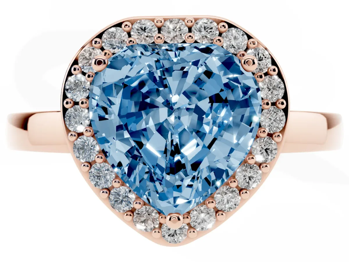 Fancy Blue Heart Cut Halo Diamond Ring with Solitaire Band and Prong Setting Rose gold