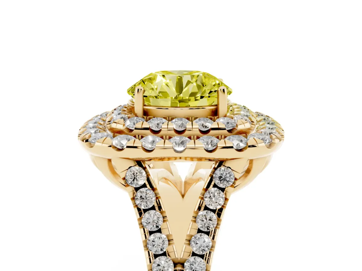 Fancy Yellow Double Halo Round Cut Diamond Pavé Split Shank Ring with Prong Setting Yellow gold