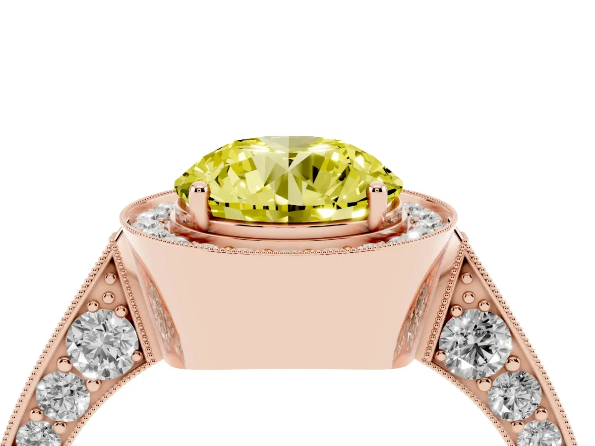 Fancy Yellow Round Cut Halo Diamond Engagement Ring with Split Shank Band and Four-Prong Setting Rose gold