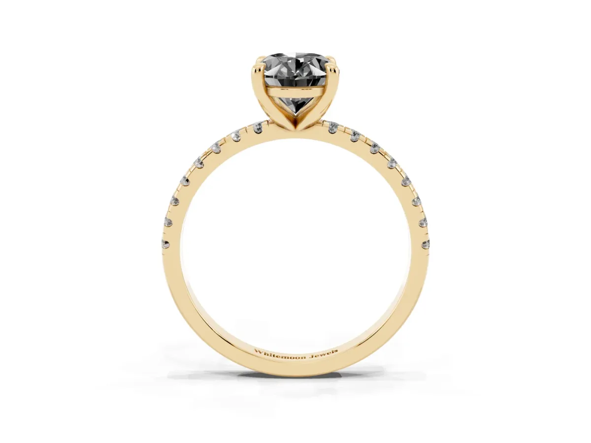 Fancy Black Oval Cut Diamond Brilliant Solitaire Ring with Pavé Band and Four-Prong Setting Yellow gold