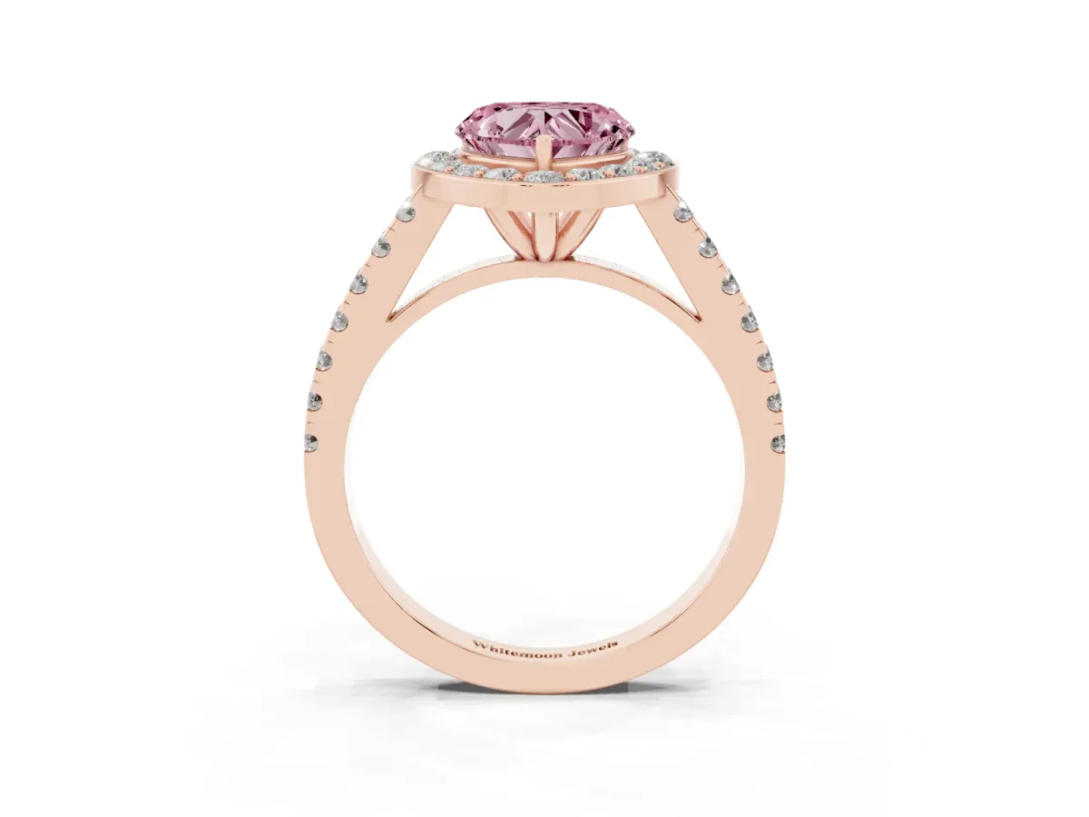 Fancy Pink Heart Cut Diamond Halo Ring with Round Pavé Split Shank and Prong Setting Rose gold
